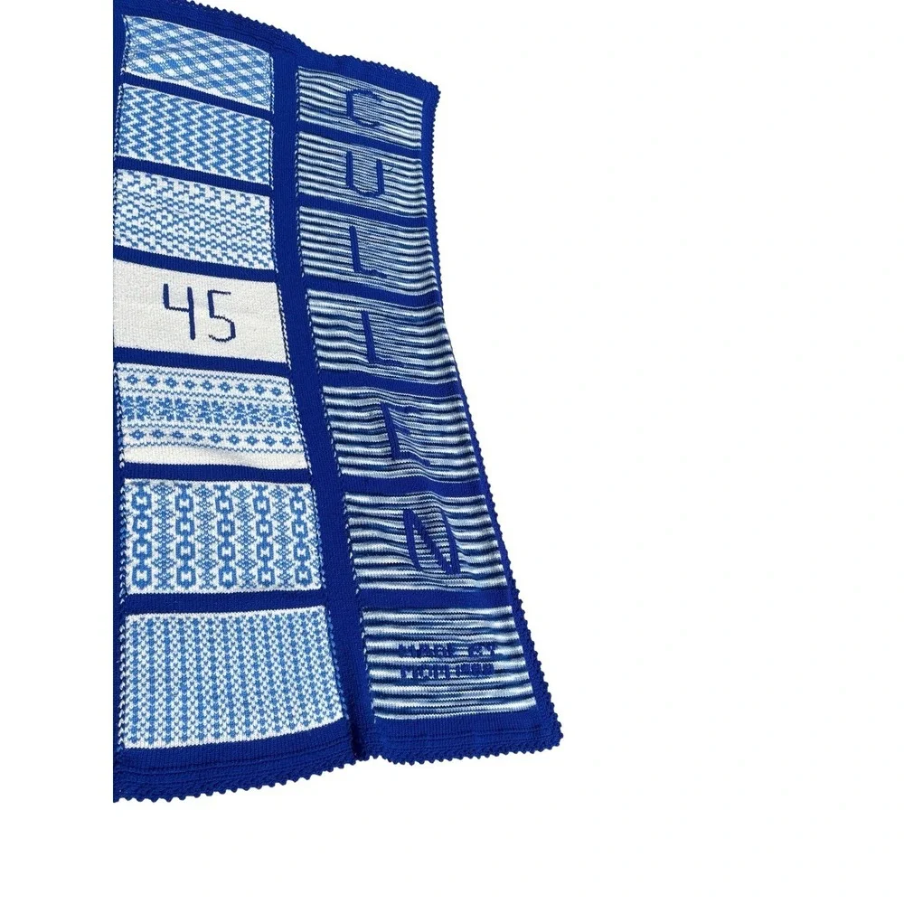 Vintage Hand Knit Crochet Afghan Throw Blue White Pattern Letters Numbers 1988